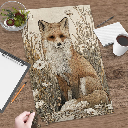 Intricate Fox Illustration Among Floral Design Poster