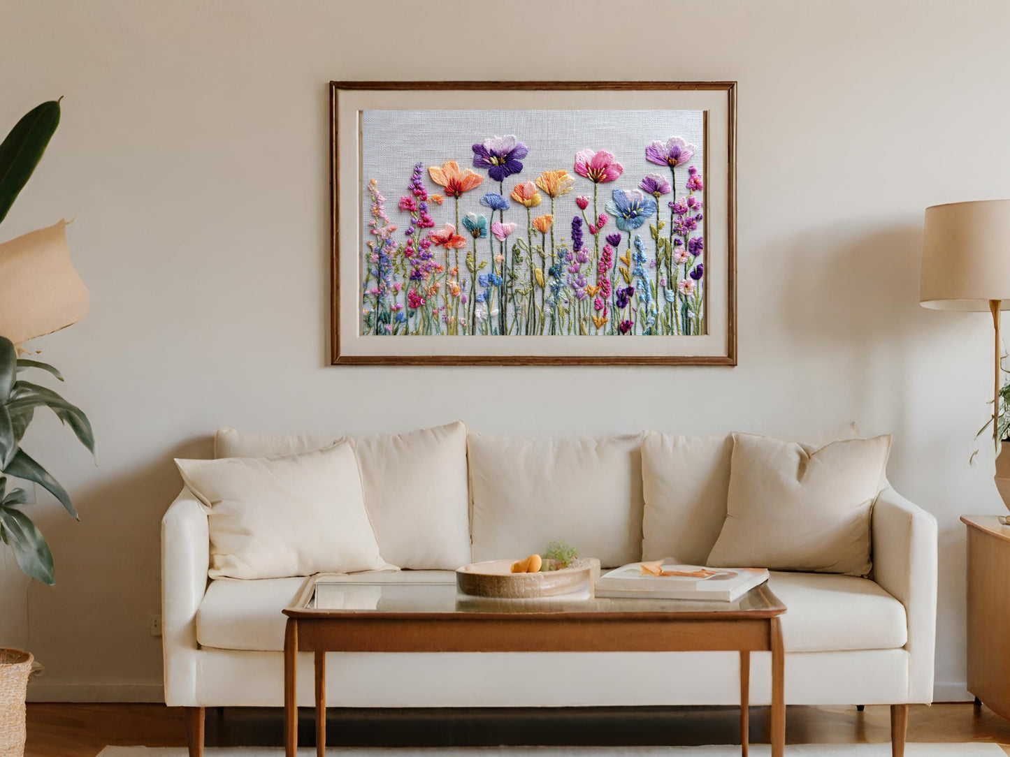 Embroidery of colorful wildflowers in a wooden frame above a sofa.