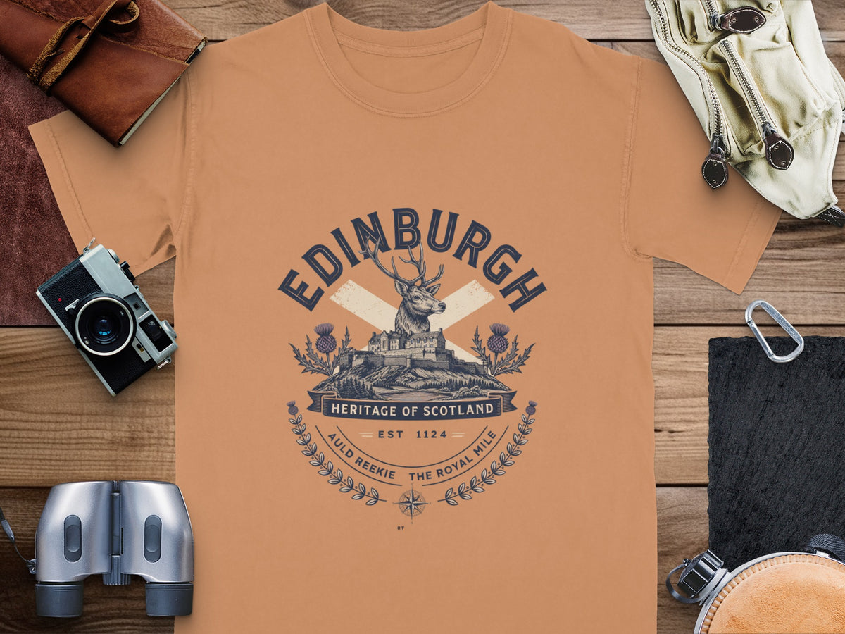 Edinburgh Heritage of Scotland t-shirt with stag, castle, and thistles.