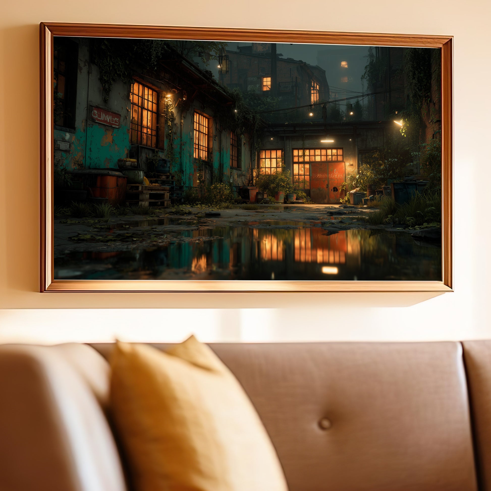 Framed painting of a dimly lit industrial alleyway with glowing windows.