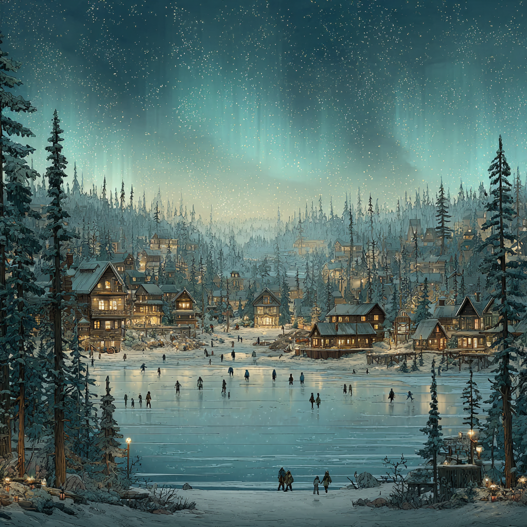 Peaceful Winter Wonderland Village Scene Artwork