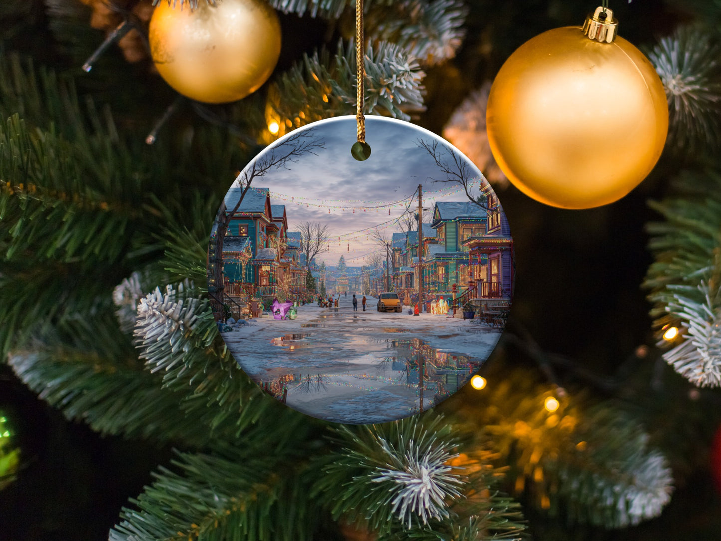 Festive Winter Village Round Christmas Ornament Decor