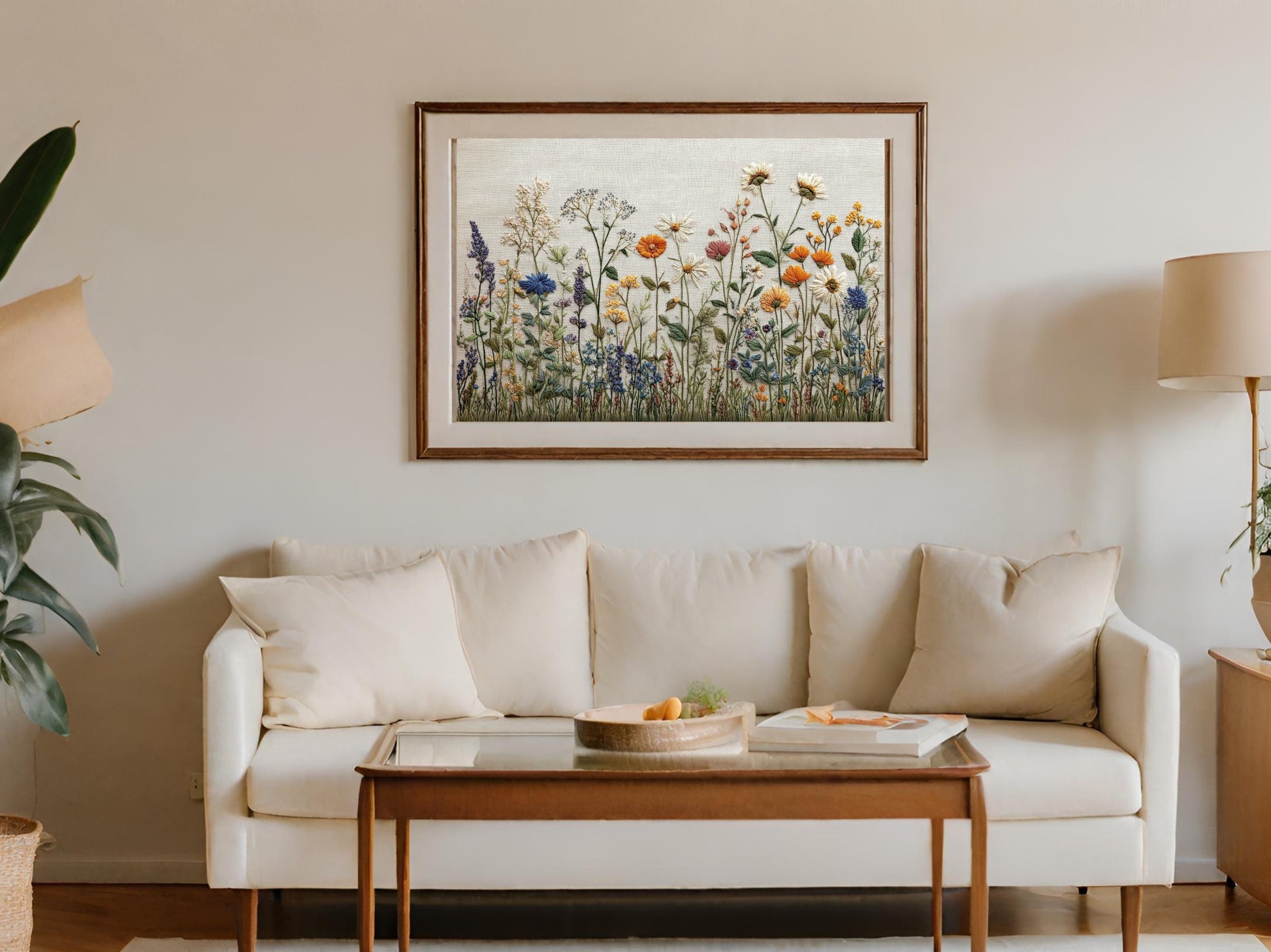 Framed floral artwork hangs above a white sofa with a coffee table.