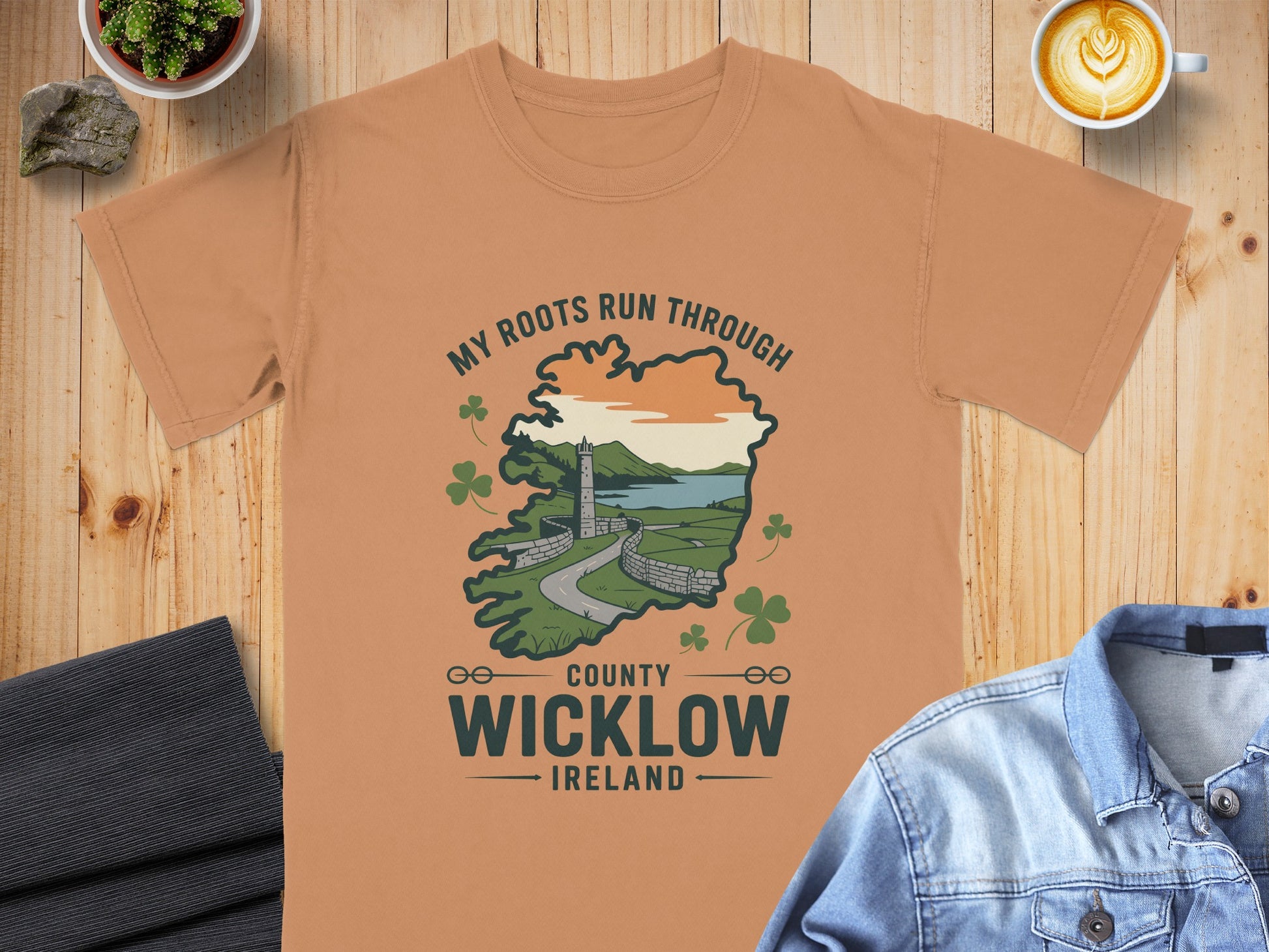 T-shirt with "My Roots Run Through County Wicklow Ireland" text and shamrock graphic.