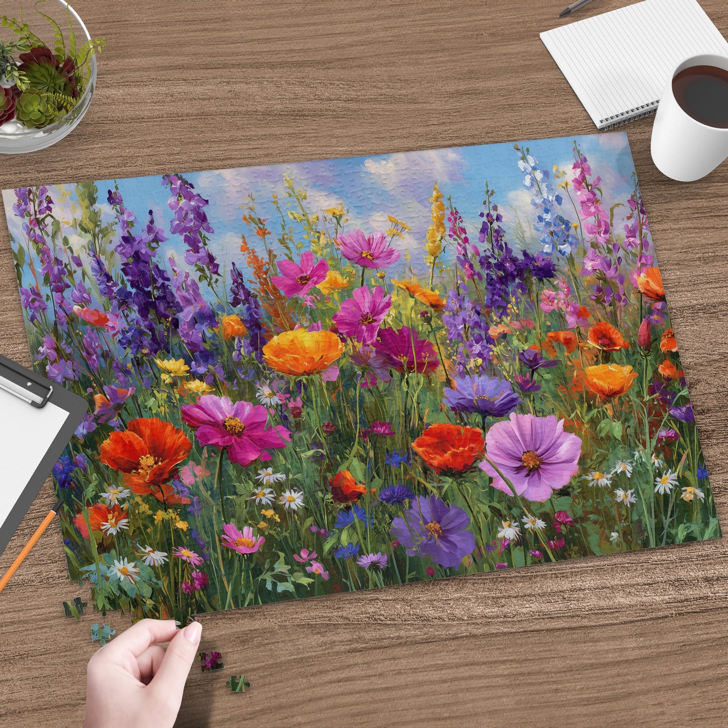 Vibrant floral puzzle on a wooden table with a hand placing a piece.