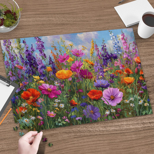 Vibrant floral puzzle on a wooden table with a hand placing a piece.