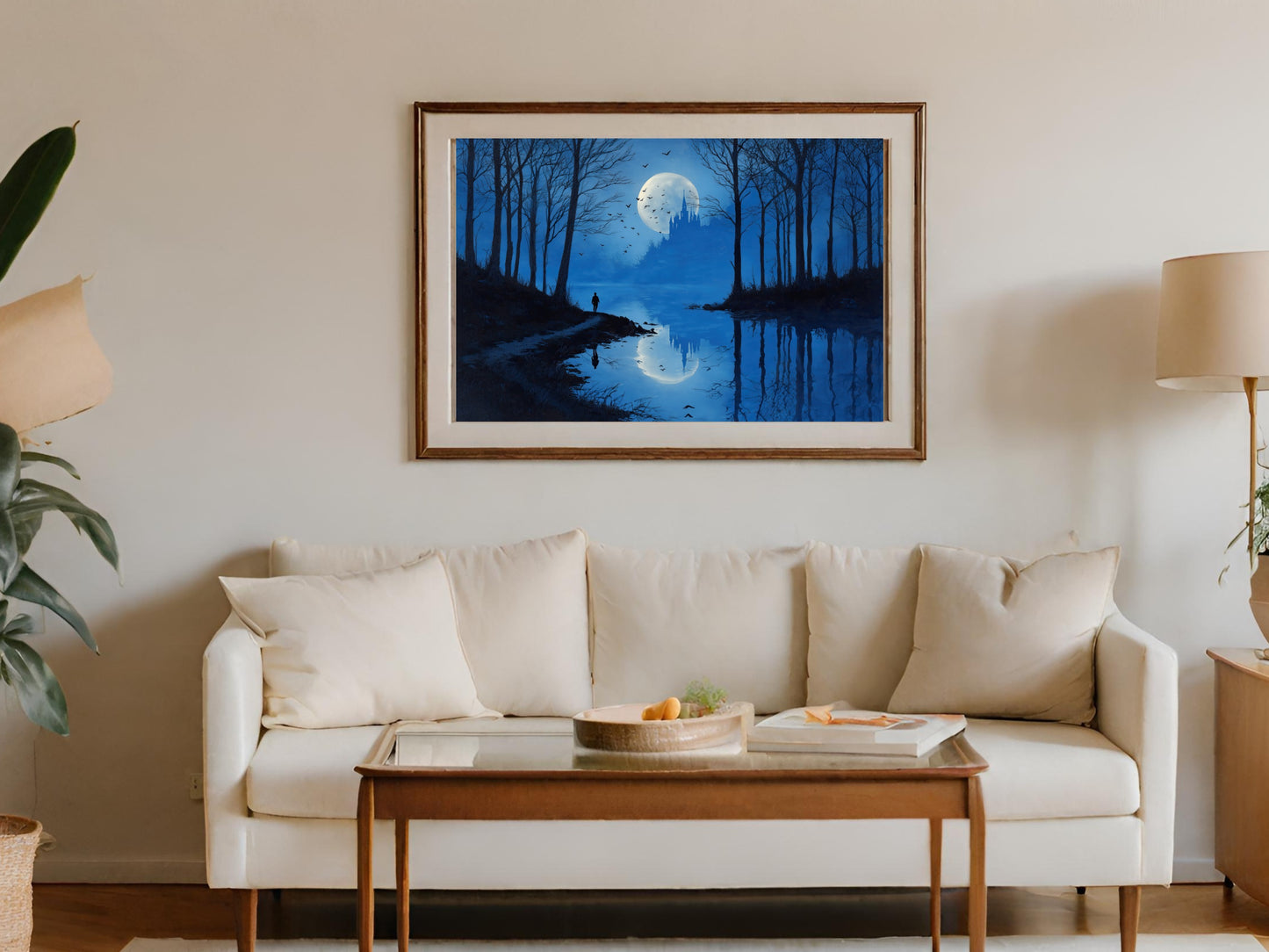 Blue Moonlit Forest Castle Lake Water Reflection product type
