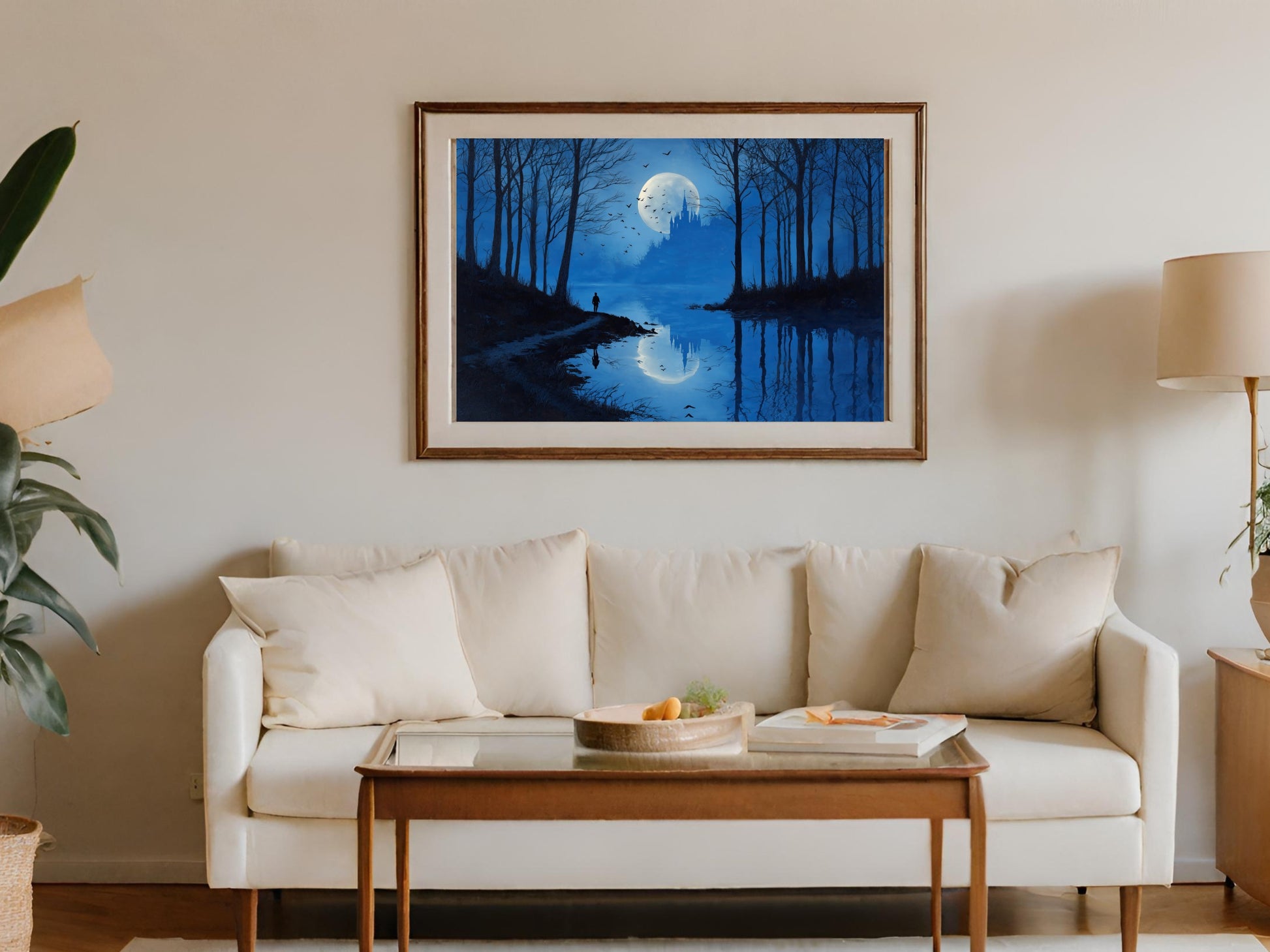 Blue Moonlit Forest Castle Lake Water Reflection product type