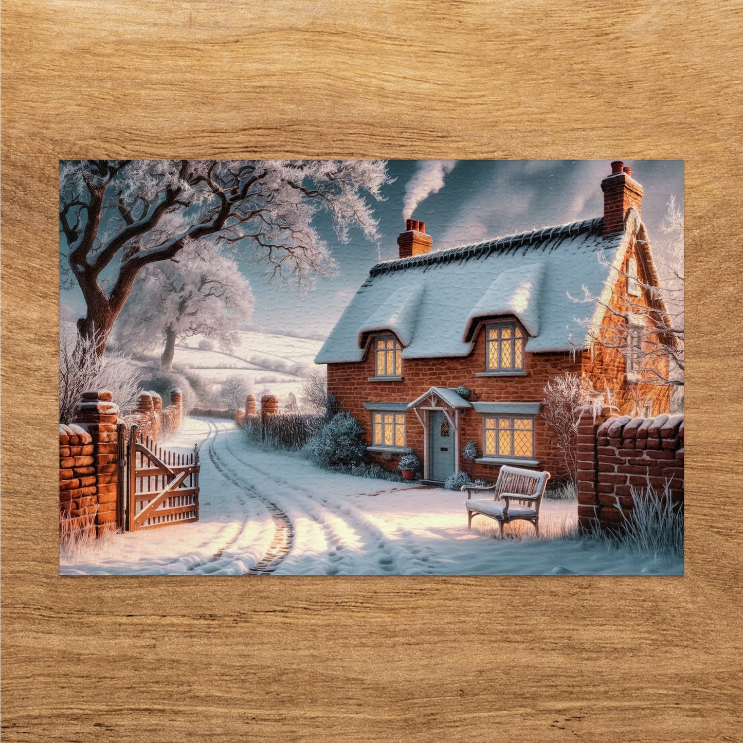 Cozy brick cottage with a thatched roof dusted in snow, lit windows, and a snowy path.