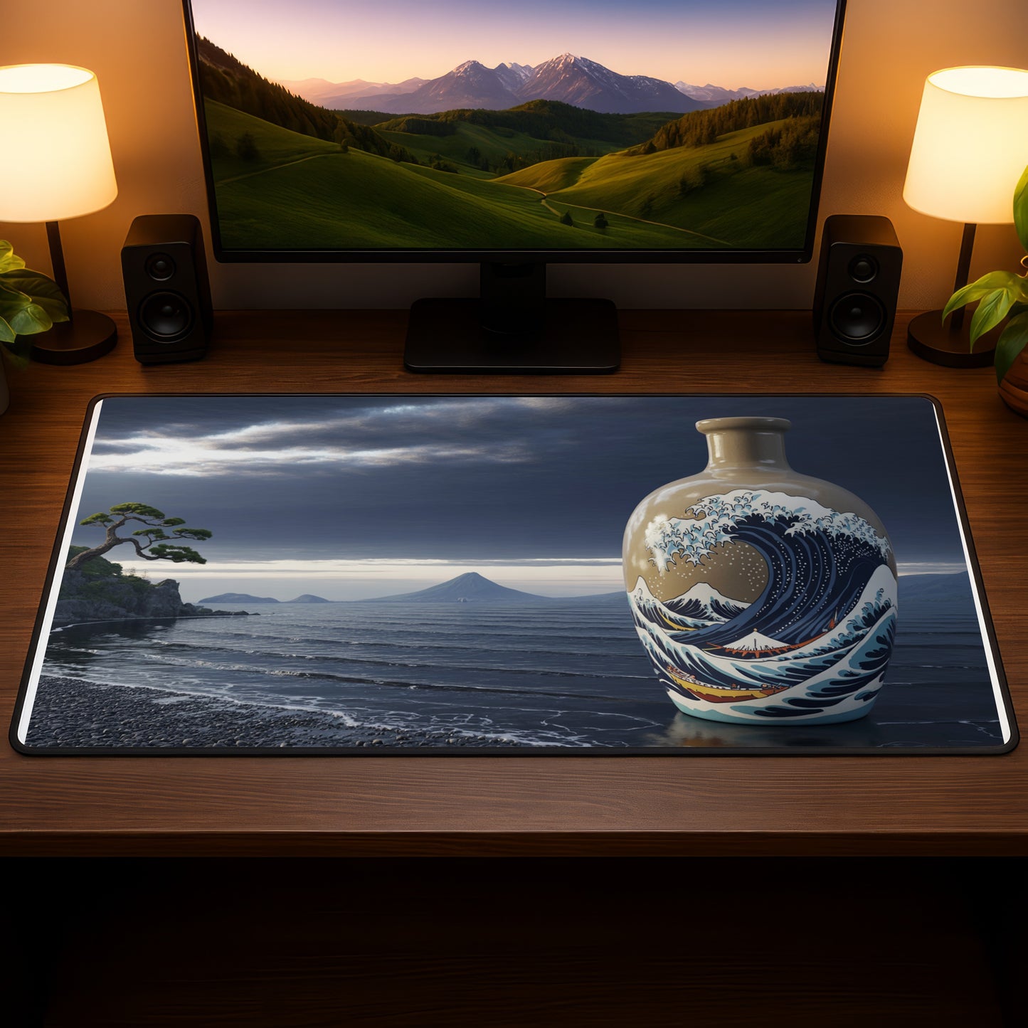 Desk mat featuring Hokusai's Great Wave design and a serene coastal landscape.