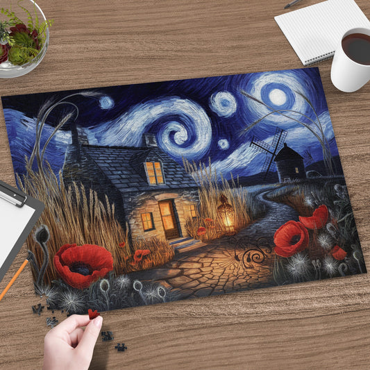 Puzzle art of a cottage and windmill under a swirling night sky with poppies.