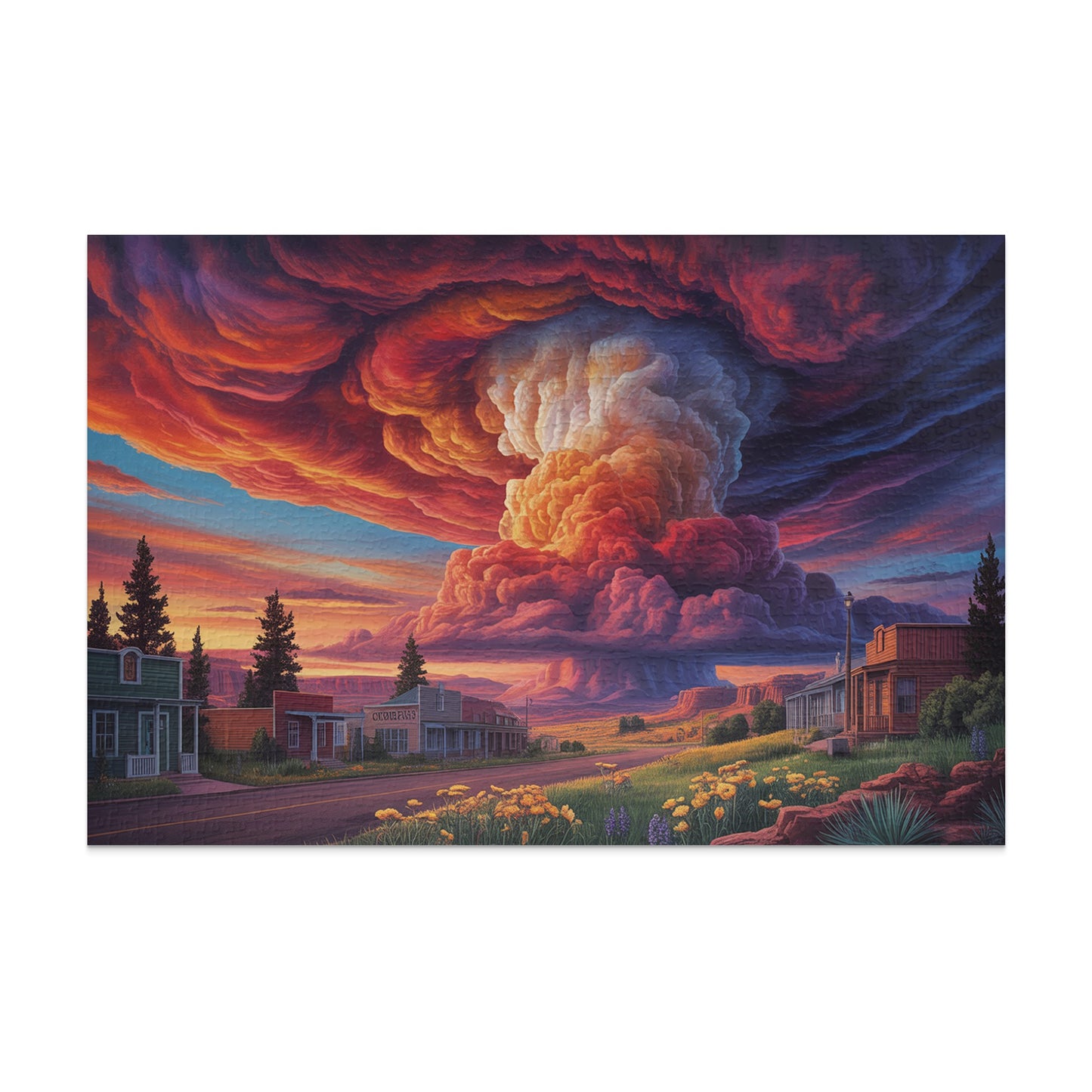 Impending mushroom cloud over a quiet Western town at sunset.