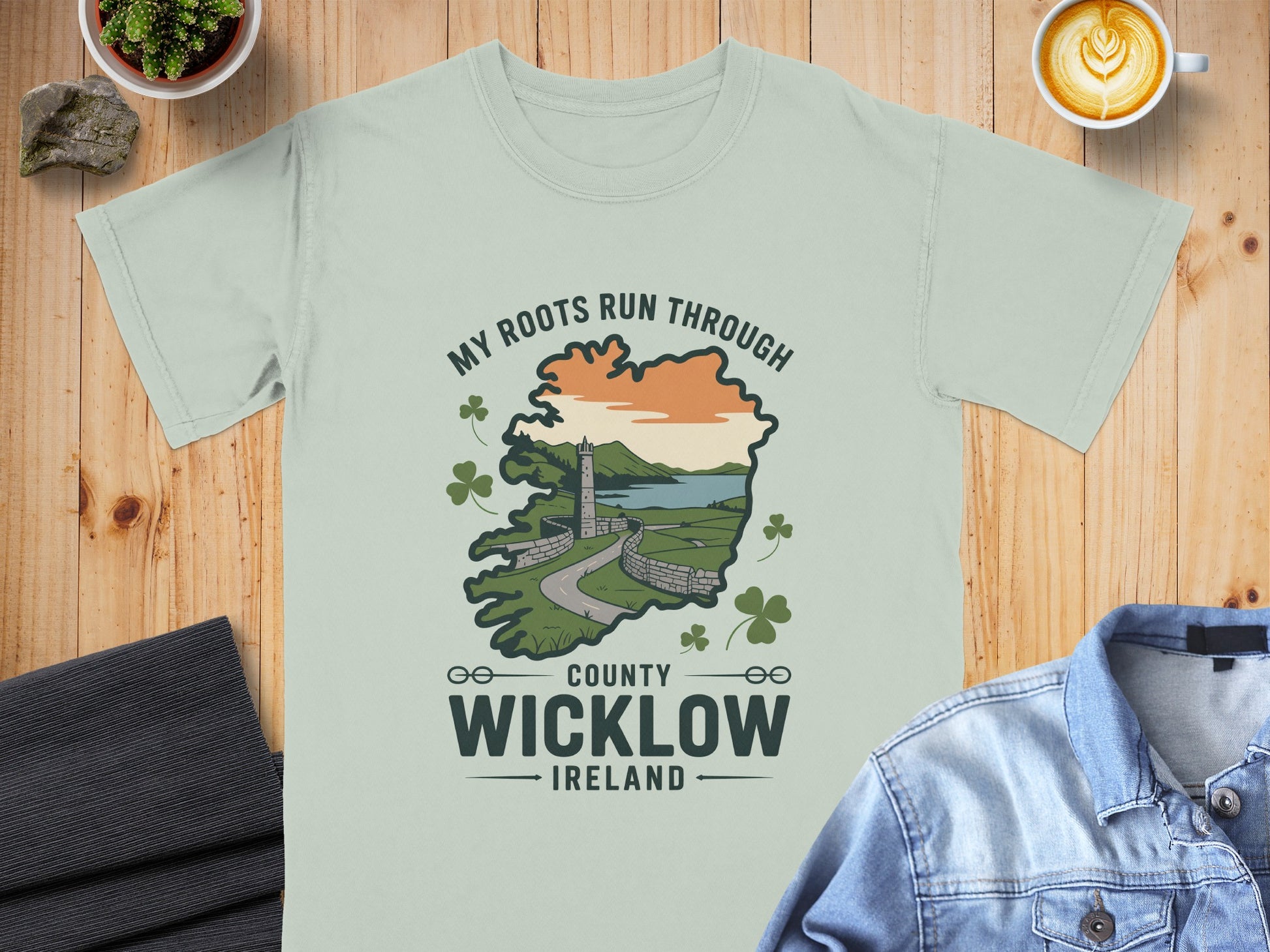 Light green t-shirt with "My Roots Run Through County Wicklow Ireland" graphic.
