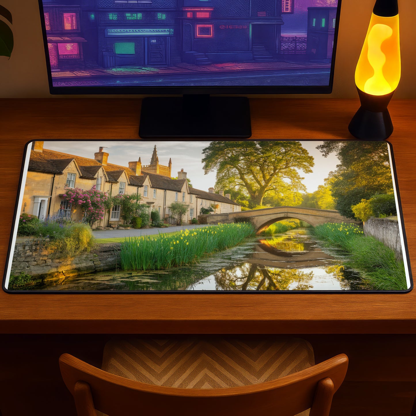 English countryside houses with canal and arched bridge, bathed in golden sunlight.