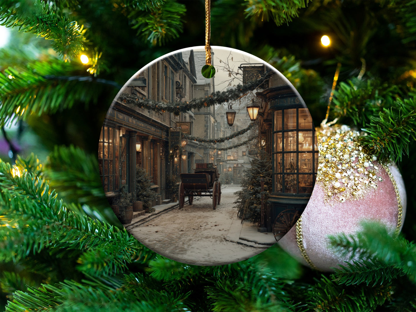 Victorian Christmas Street Scene Round Ornament