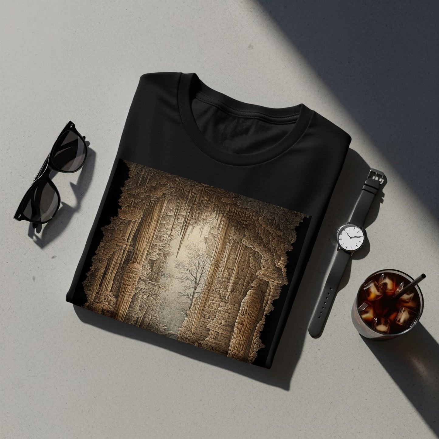 Intricate Vintage Cave Design on Black Shirt Product