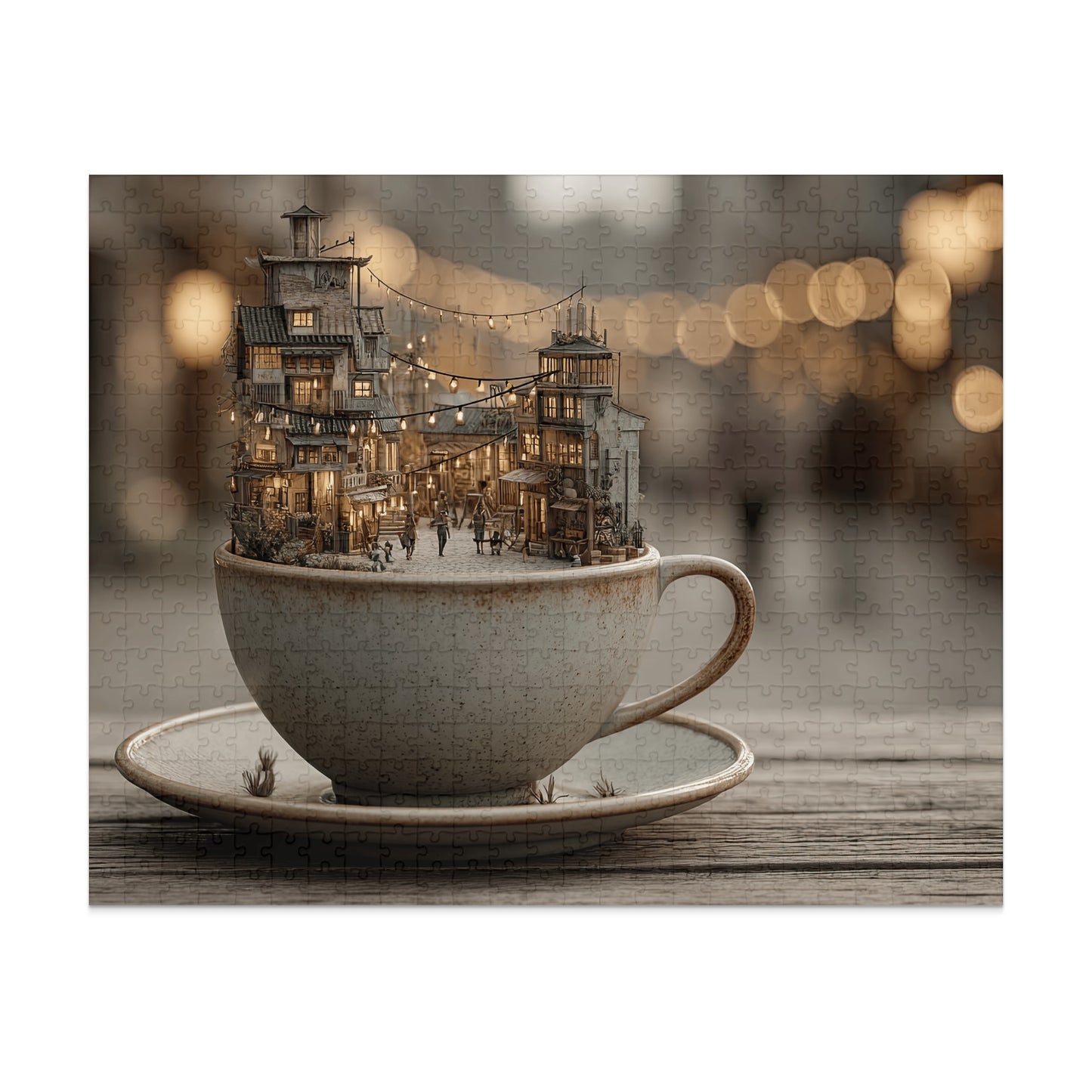 Miniature town inside a coffee cup and saucer on a wooden surface.