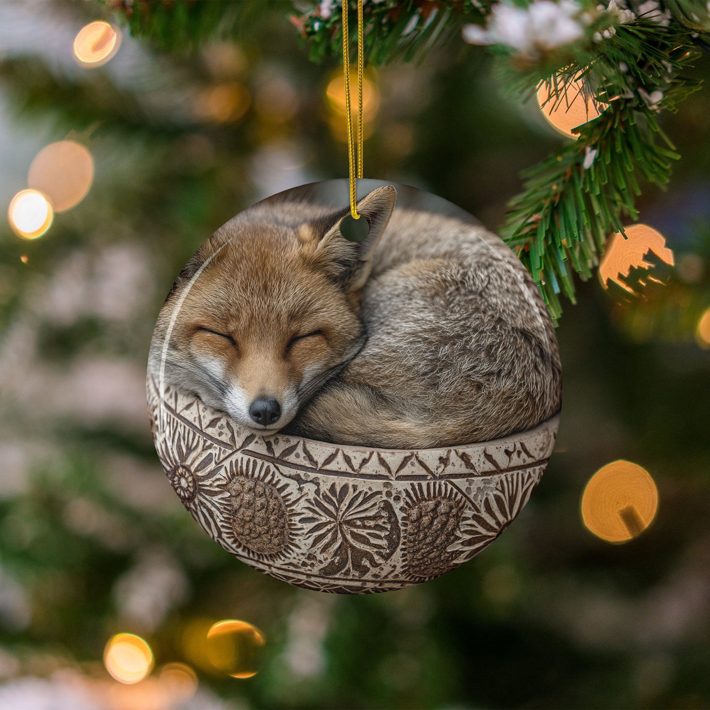 Sleeping Fox With Tribal Pattern Christmas Ornament