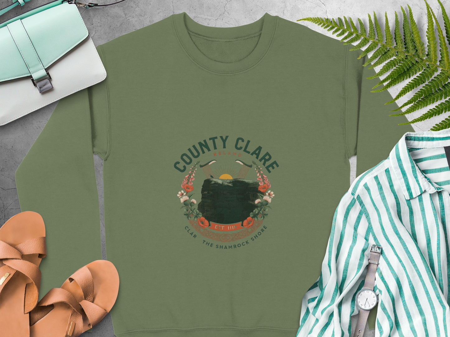 County Clare Ireland emblem and floral wreath on Military Green sweatshirt
