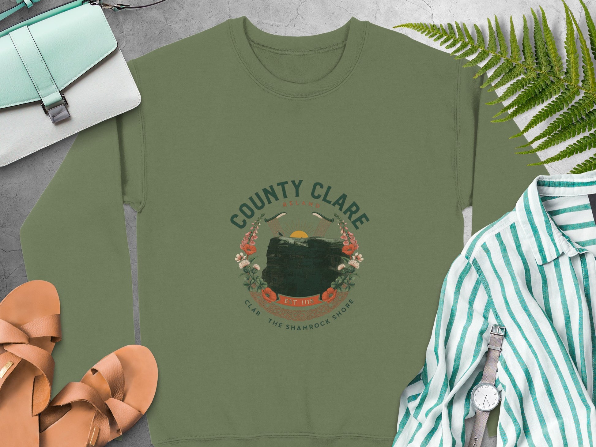 County Clare Ireland emblem and floral wreath on Military Green sweatshirt