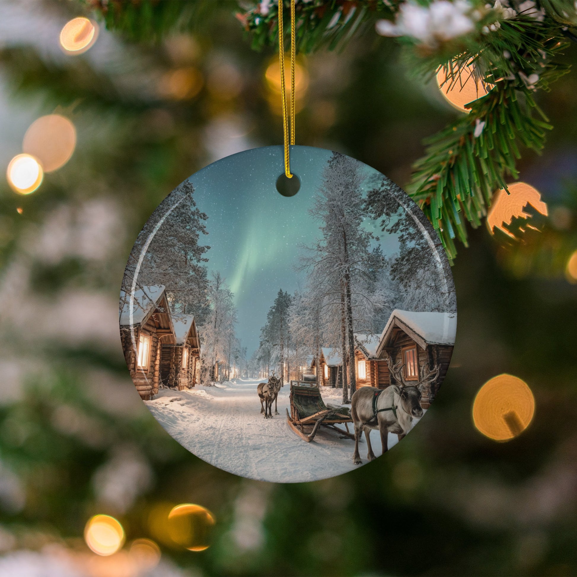 Winter Village with Horses Round Christmas Ornament