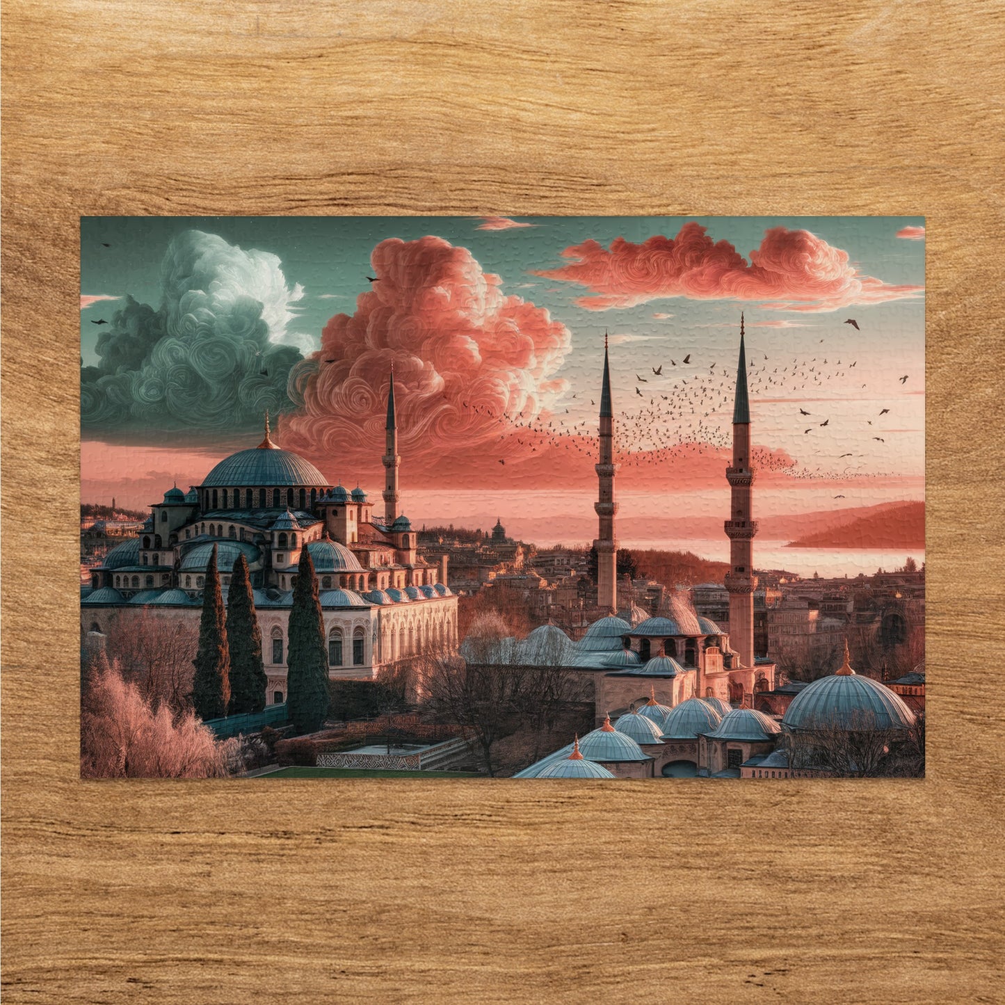 Mosque with domes and minarets, against dramatic pink and teal clouds with birds.