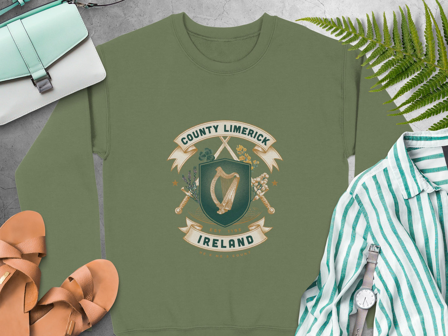 County Limerick Ireland crest and harp design on Military Green sweatshirt