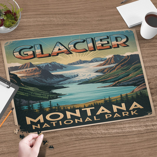 Glacier Montana National Park vintage poster puzzle with a hand placing a piece.