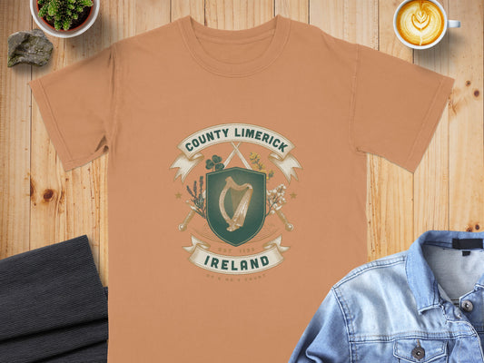 County Limerick Ireland crest with harp and swords on a brown t-shirt.