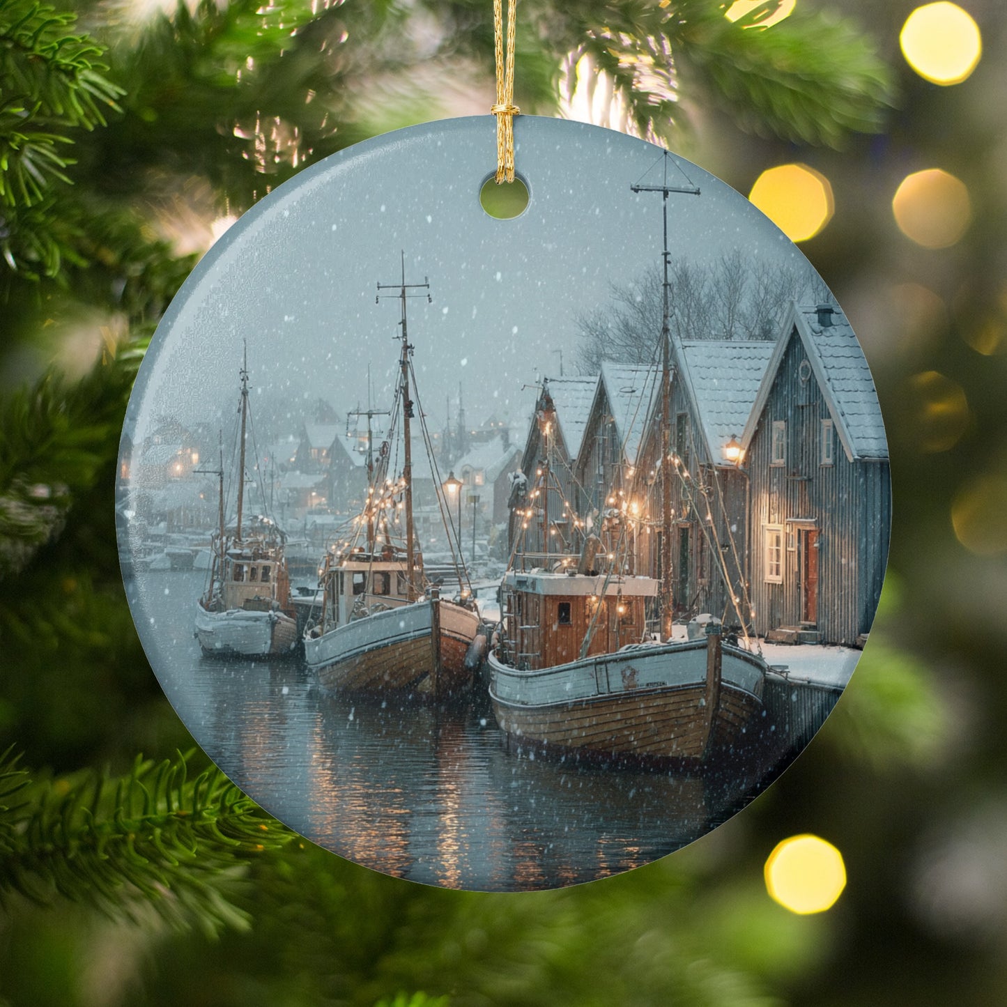 Snowy Harbor Scene on Holiday Ornament