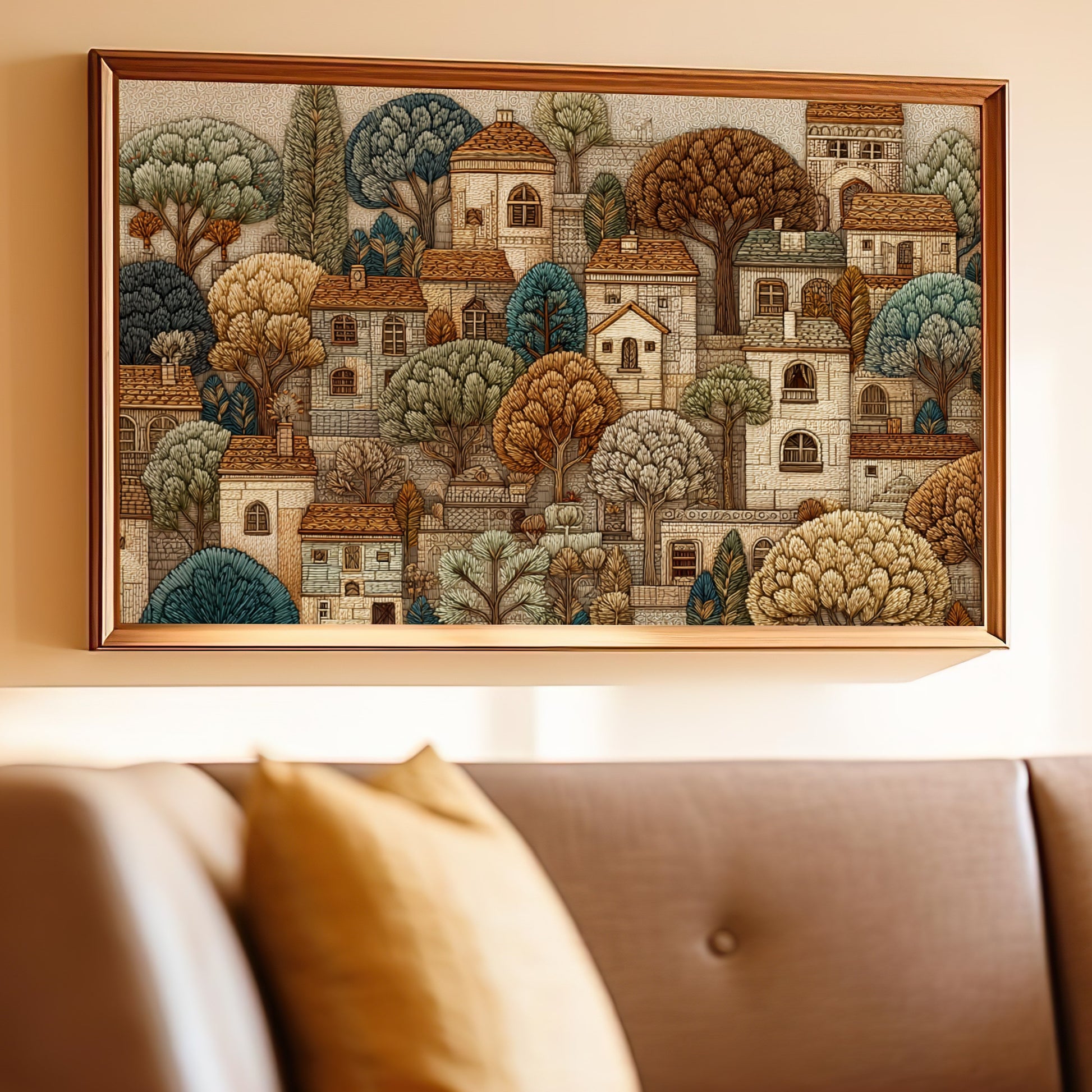 Framed wall art featuring a charming village scene