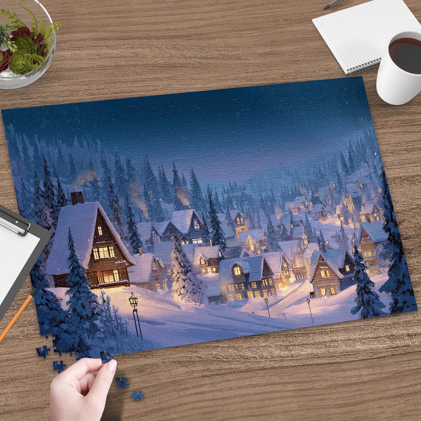 Winter Village Night Scene Snowy Houses Lights Jigsaw product type
winter village
snowy scene
jigsaw puzzle
puzzle night
cozy winter
christmas lights
holiday puzzle
snowfall art
mountain village
forest scene
winter wonderland
cabin homes
festive decor
landscape puzzle
illustrated art
blue aesthetic
relaxing activity
family game
gift idea
winter season
house lights
snowy trees
evening glow
peaceful scene