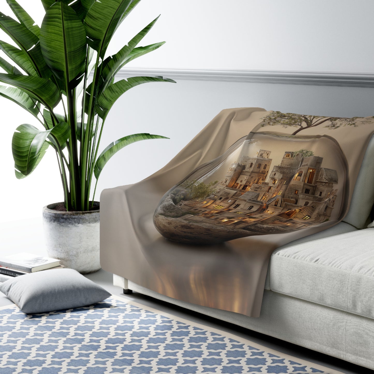 Cozy Village in a Jar sherpa fleece blanket — whimsical soft throw, housewarming gift, cozy home decor