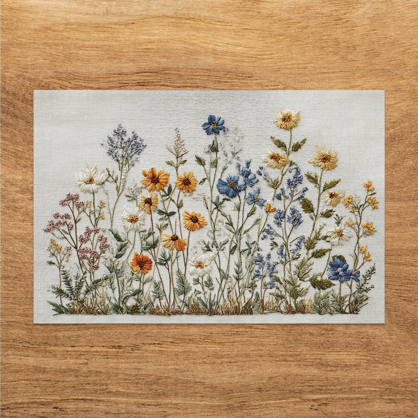 Embroidery of wildflowers including daisies, bluebells, and lavender on linen fabric.