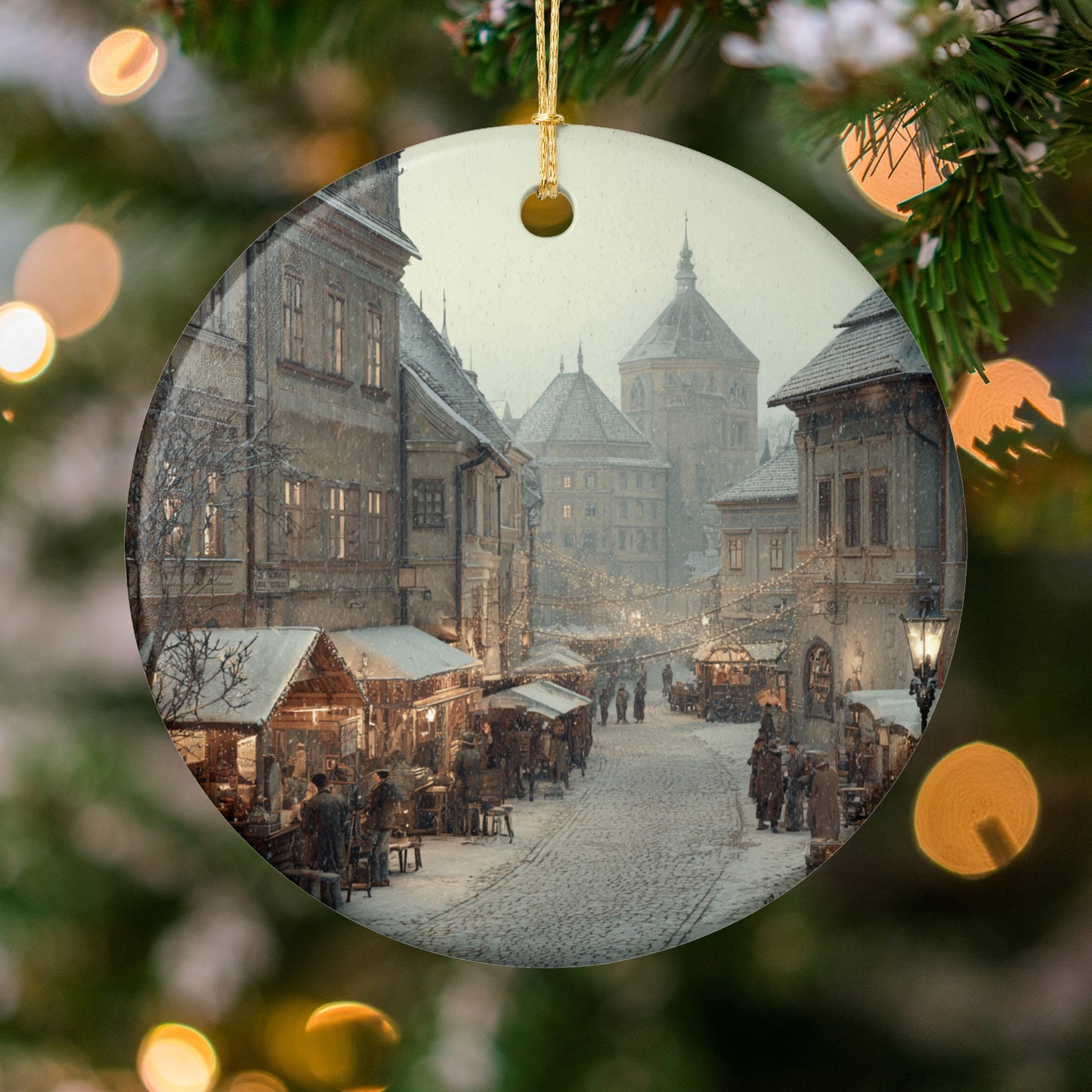 Snowy Holiday Village Scene Hanging Ornament