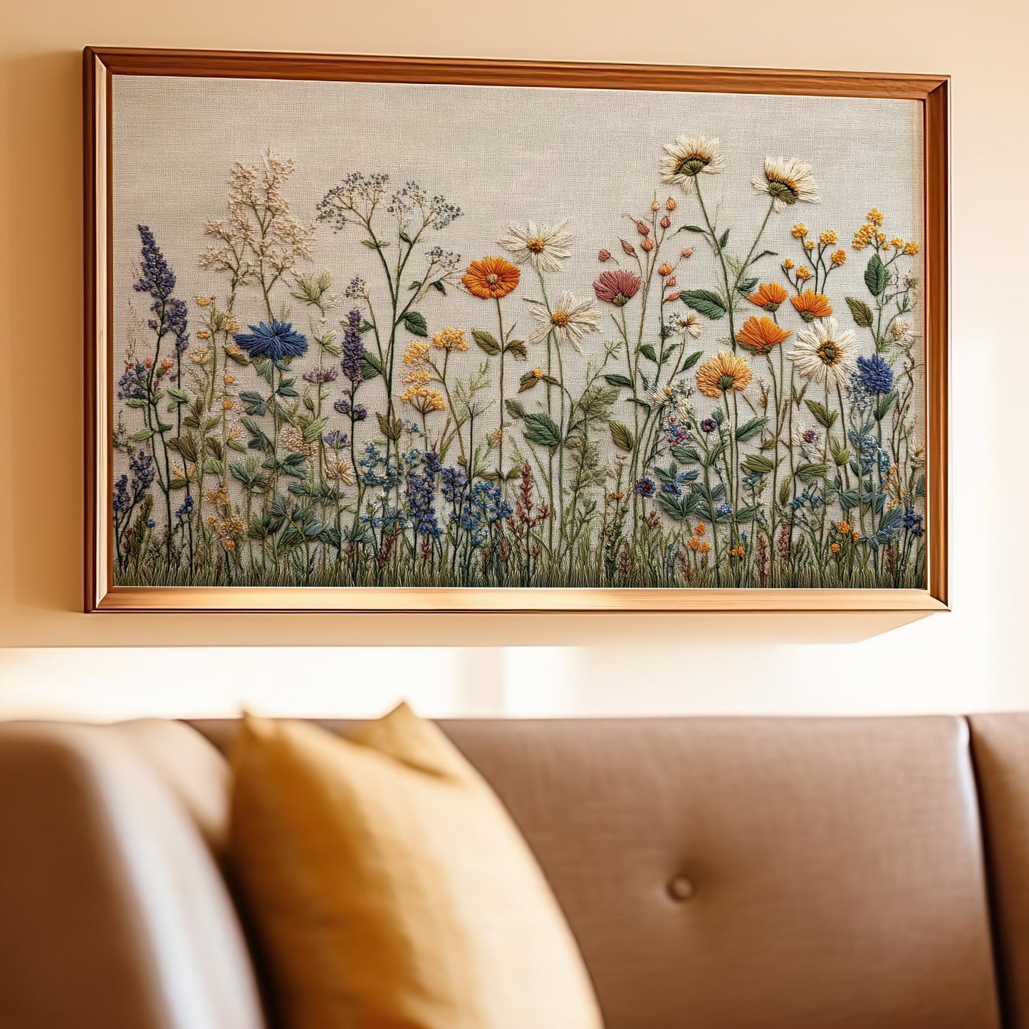 Embroidered wildflowers on fabric framed in wood, displayed above a brown sofa.