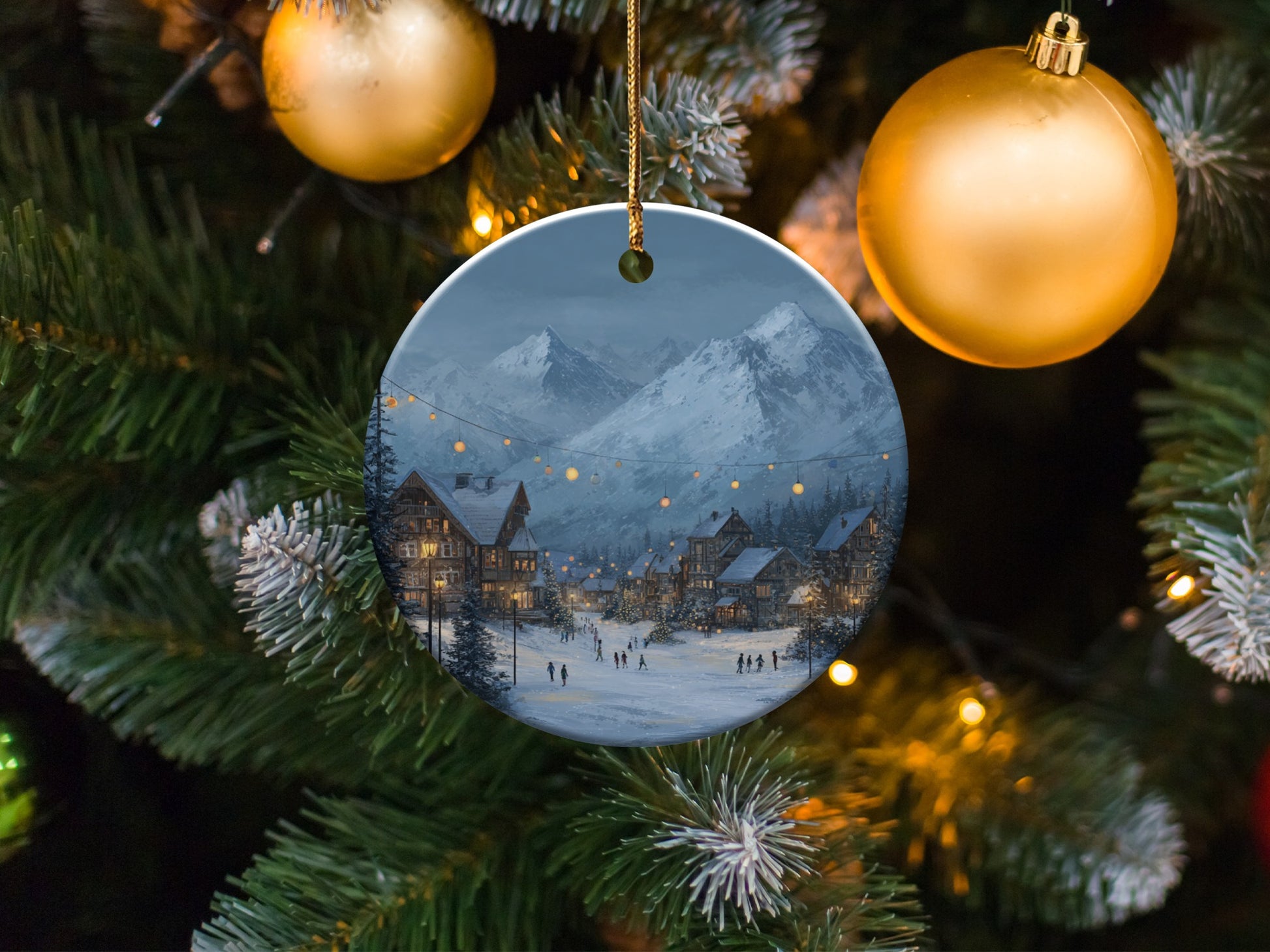 Snowy Mountain Village Scenic Christmas Ornament