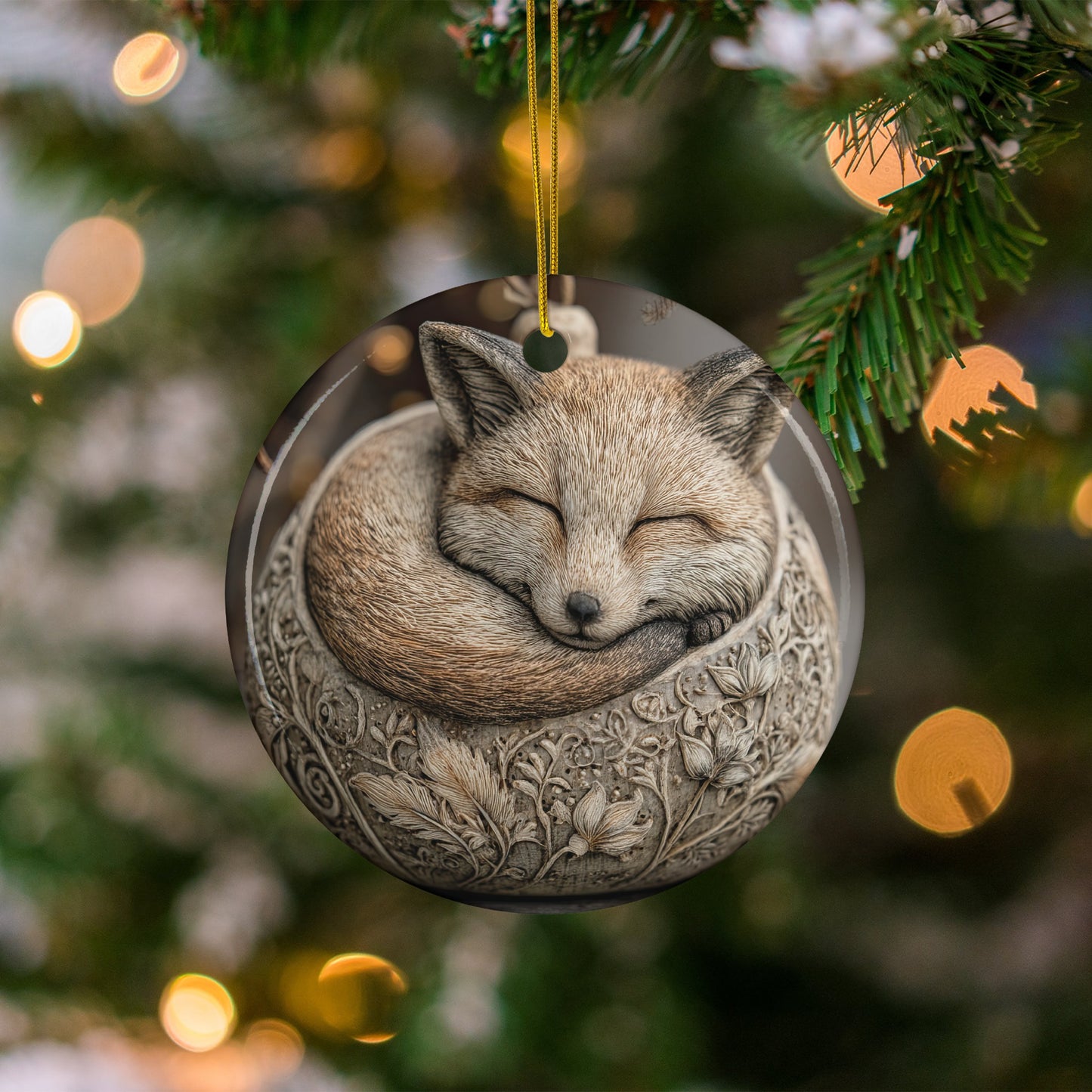 Sleeping Fox Engraved Round Christmas Ornament
