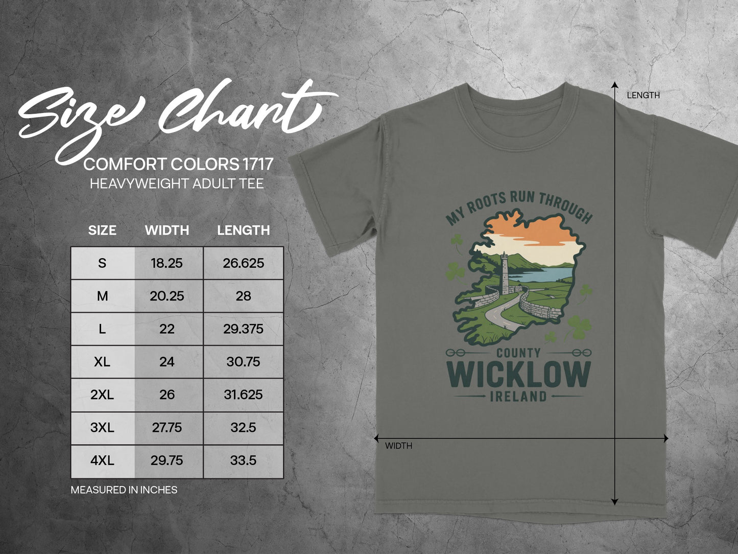 Comfort Colors 1717 size chart for heavyweight adult tees with measurements.