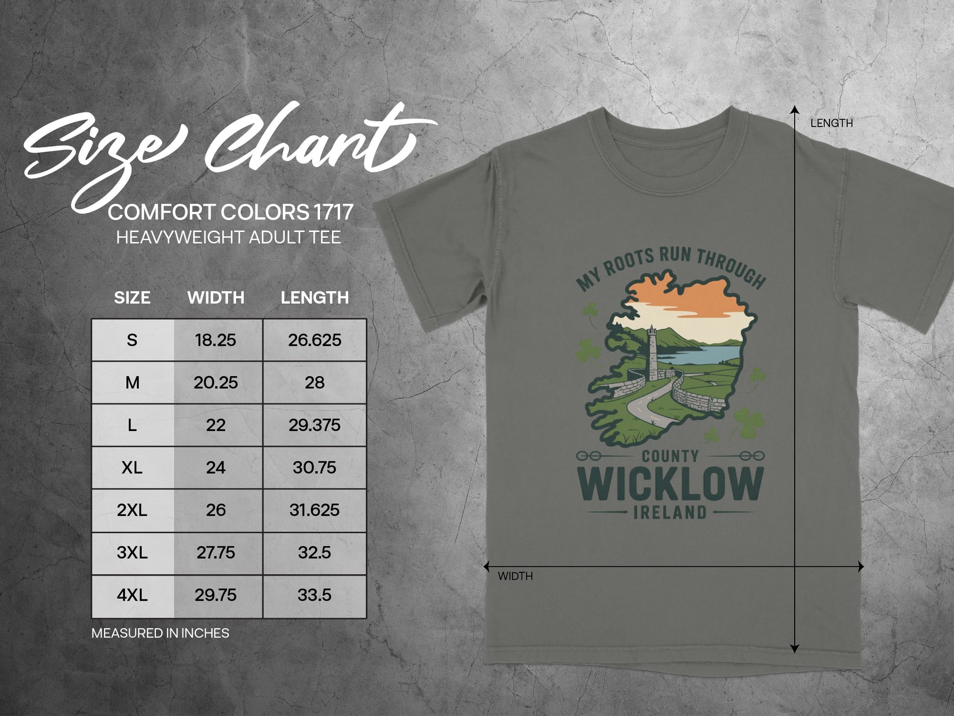 Comfort Colors 1717 size chart for heavyweight adult tees with measurements.