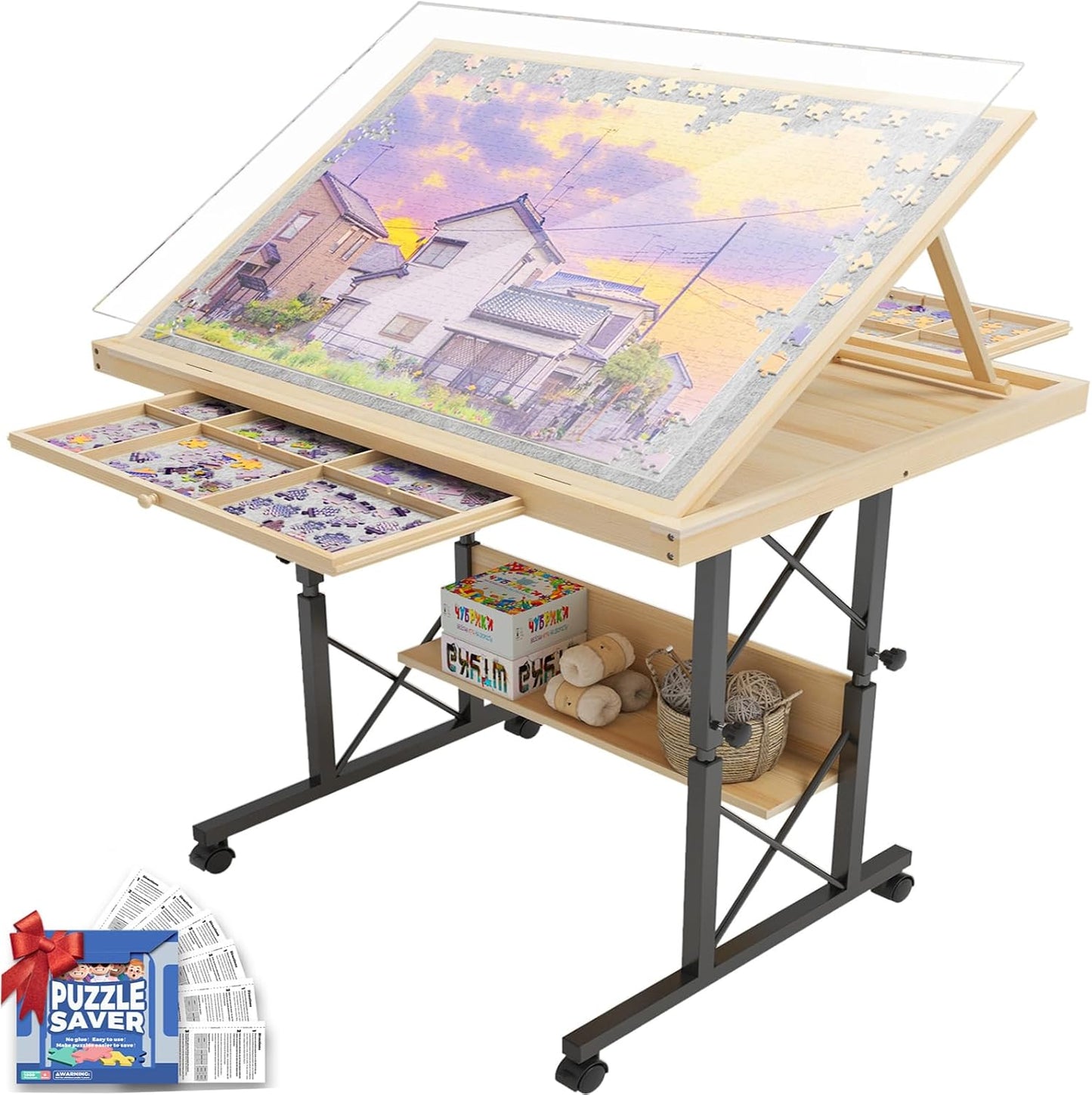Easyego 2000 Piece Jigsaw Puzzle Table with Legs for Adults, 5-Tilting-Angle & Height Adjustable Table with Draws, Wooden Puzzle Board with Extended Support Bar & 4 Wheels