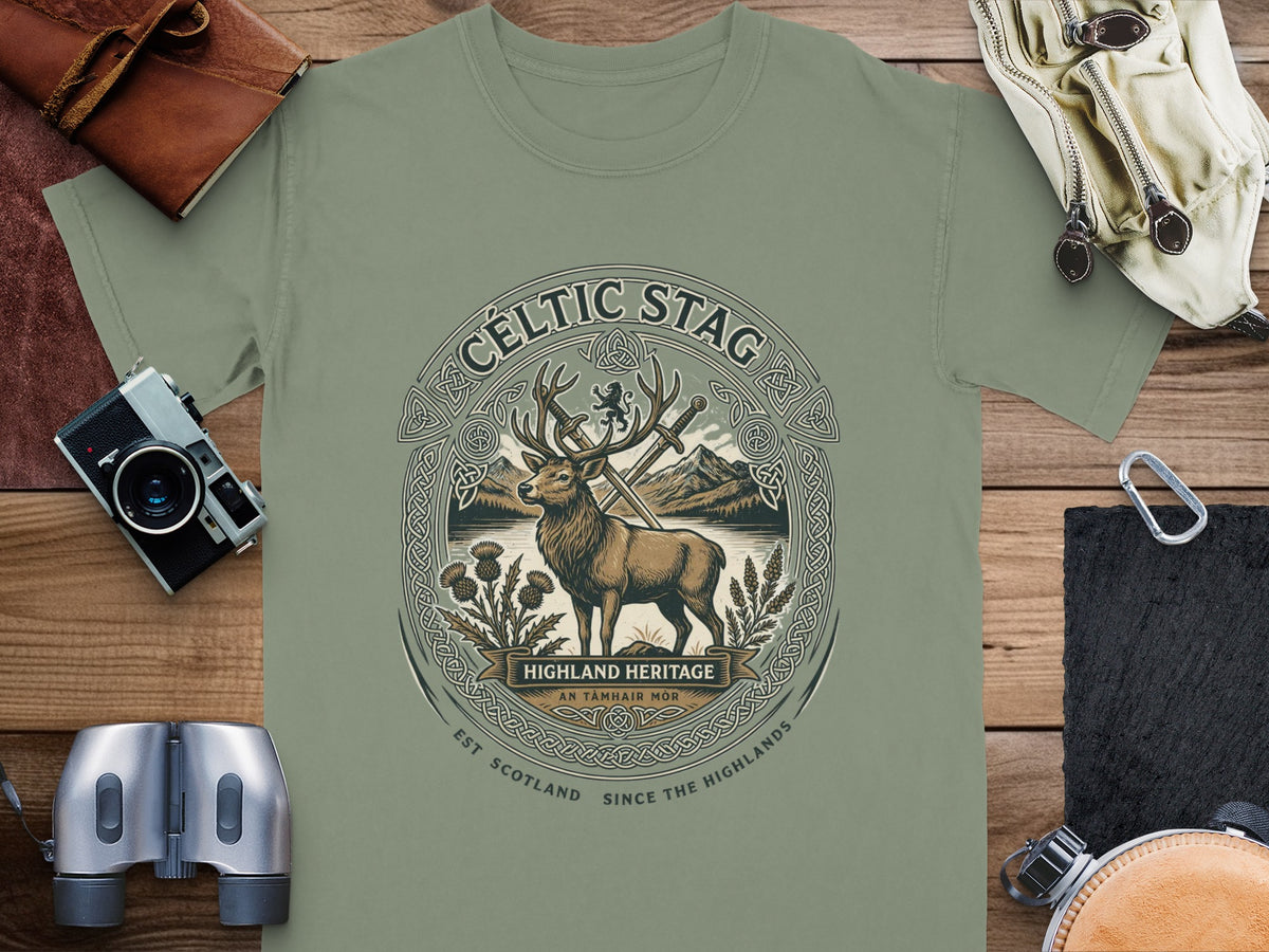 Celtic Stag t-shirt with Highland Heritage graphic and Scottish motifs.