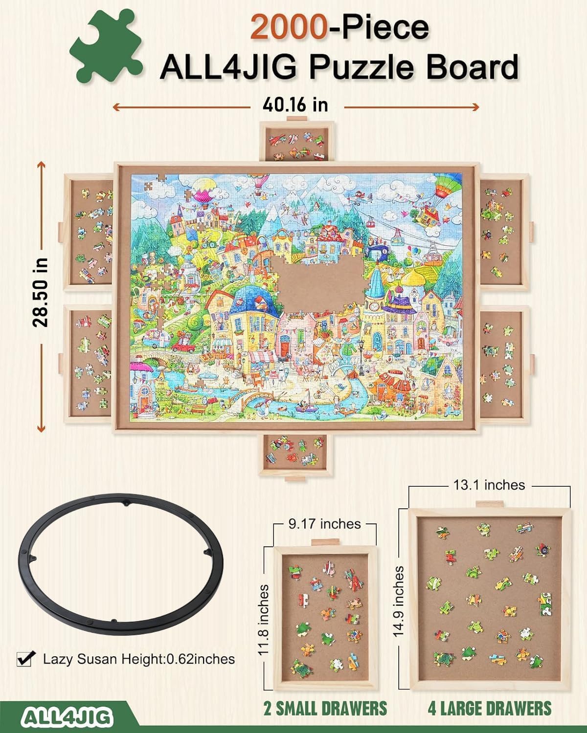 ALL4JIG 2000 Pieces Rotating Puzzle Board with 6 Drawers and Cover,28"x40"Portable Wooden Jigsaw Puzzle Table for Adults,Lazy Susan Spinning Puzzle Boards