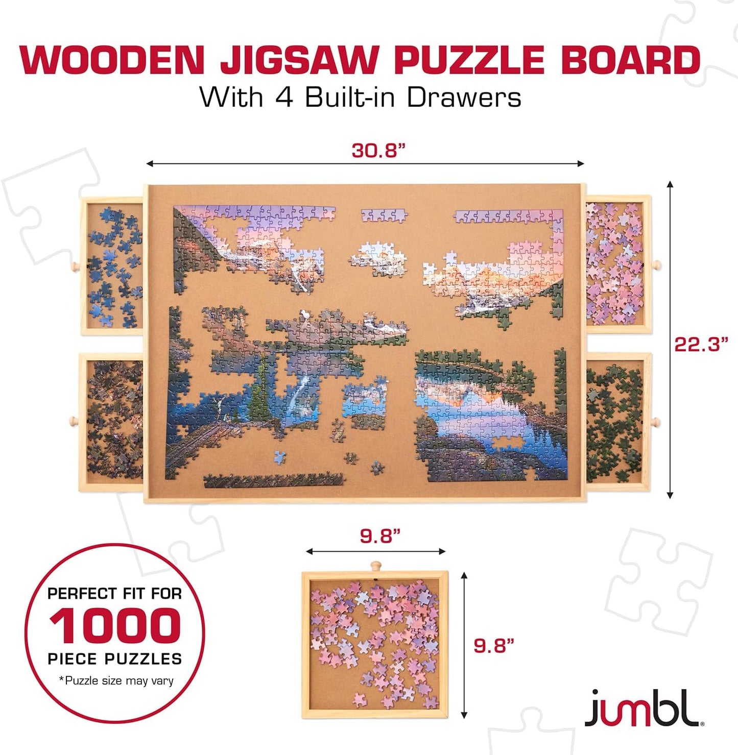 Jumbl 1000-Piece Puzzle Board with Drawers, Lazy Susan Spinner & Cover | Rotating Wooden Jigsaw Puzzle Table