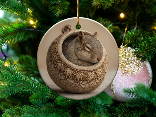 Adorable Sleeping Squirrel Illustration On Christmas Ornament