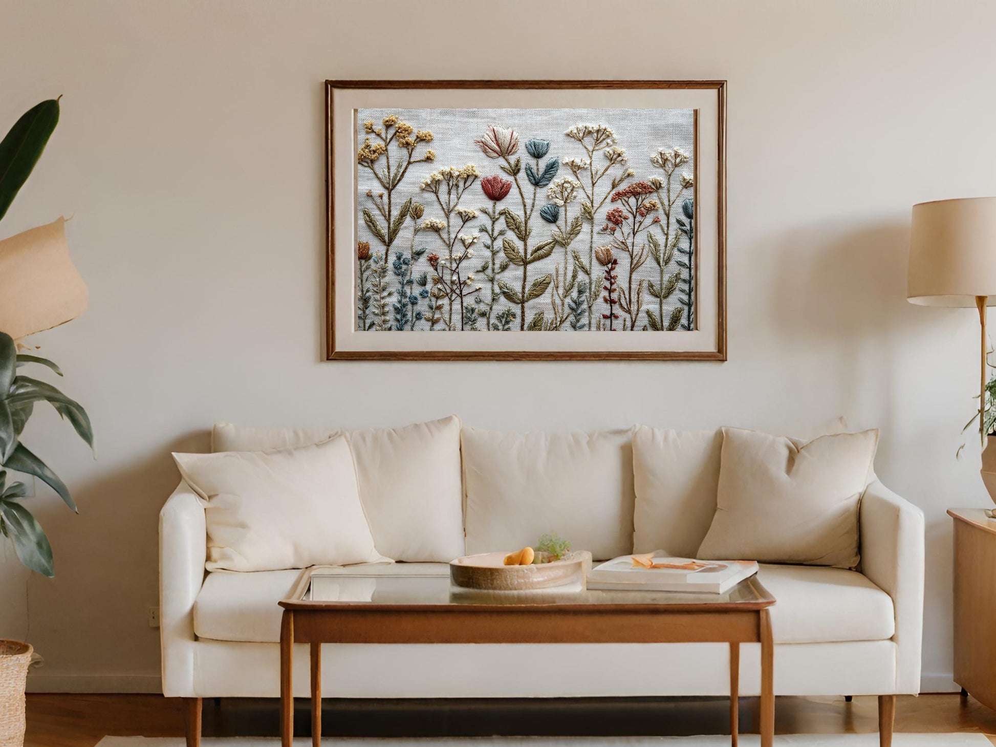 Embroidery artwork of wildflowers above a sofa with a wooden coffee table.