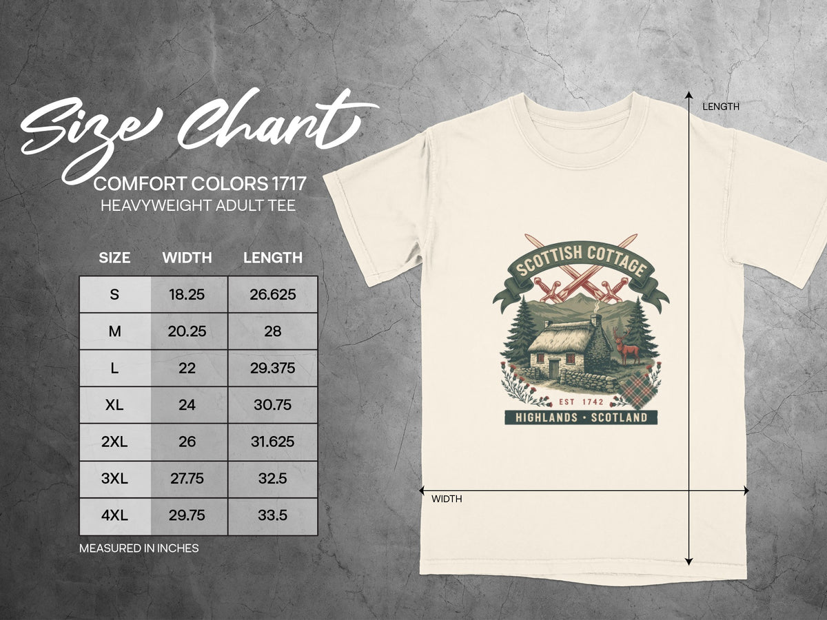 Comfort Colors 1717 heavyweight adult tee size chart with Scottish cottage graphic.