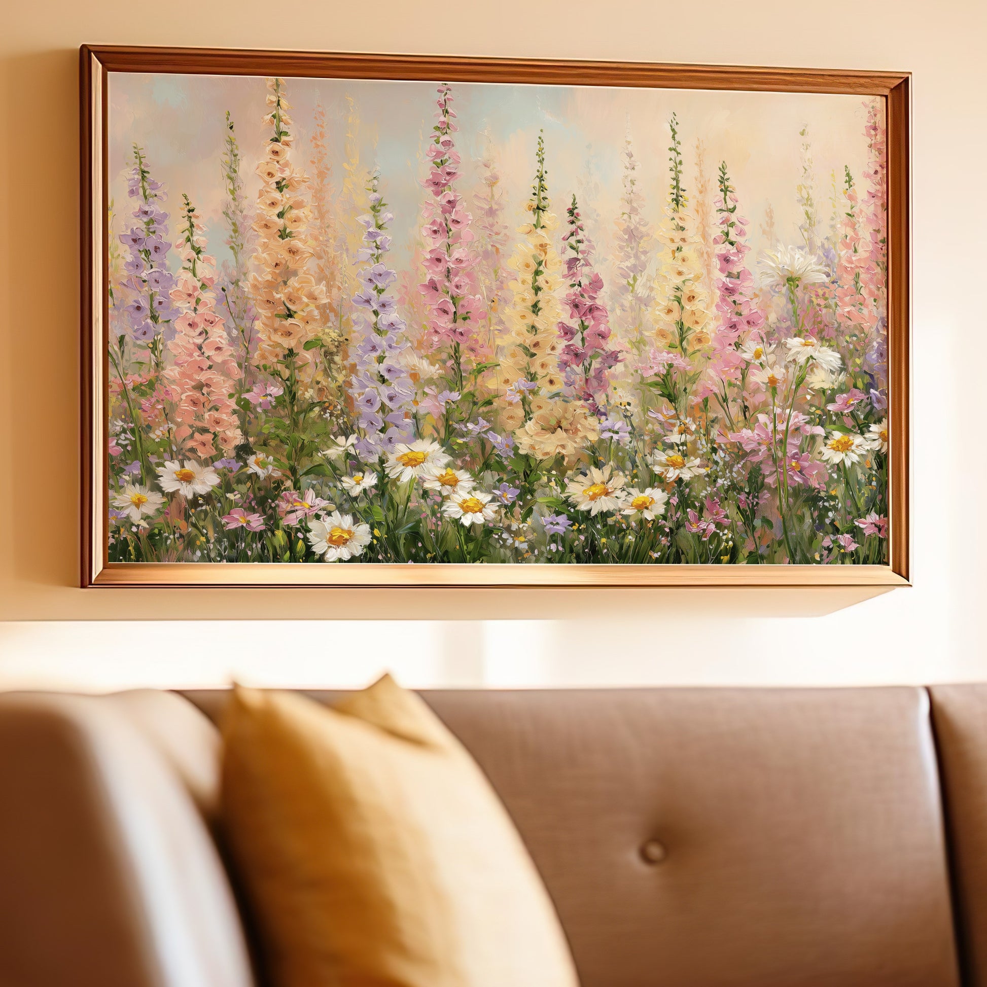 Painting of colorful wildflowers with a brown couch in the foreground.