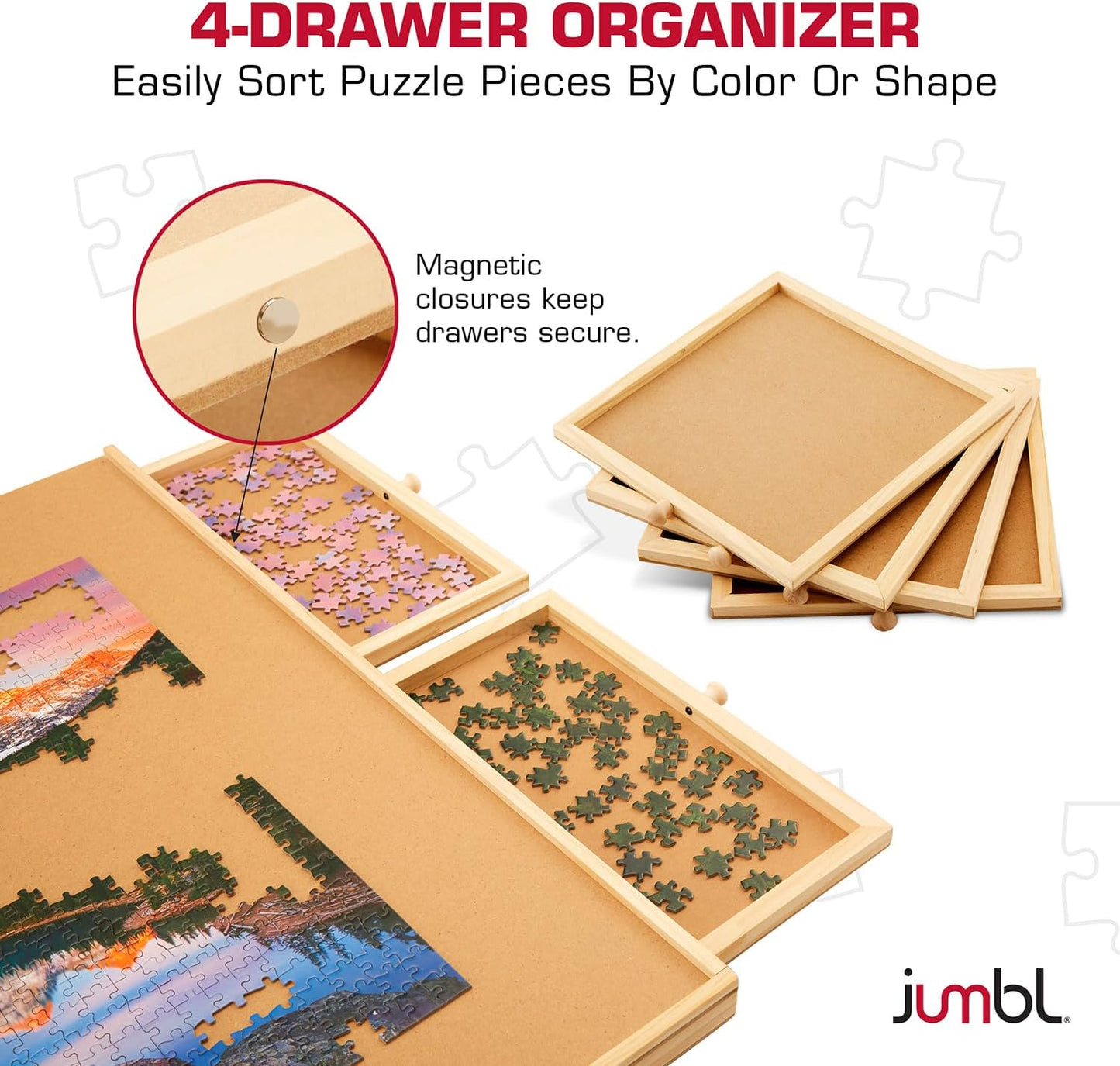 Jumbl 1000-Piece Puzzle Board with Drawers, Lazy Susan Spinner & Cover | Rotating Wooden Jigsaw Puzzle Table