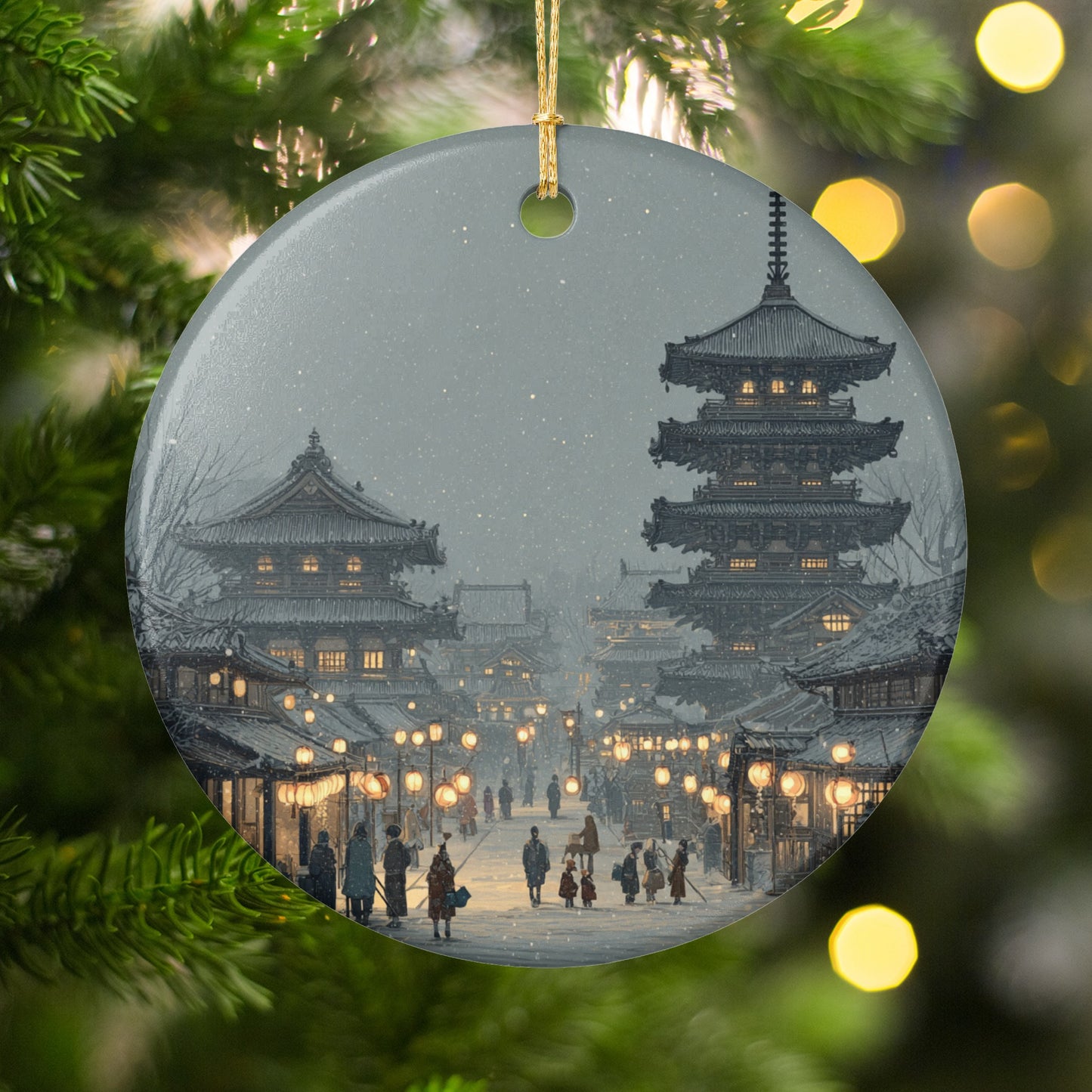 Snowy Temple Street Scene Christmas Ornament